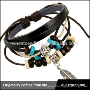 Mode artisanale véritable vache lether noir bande bois perle bracelet en cuir homme